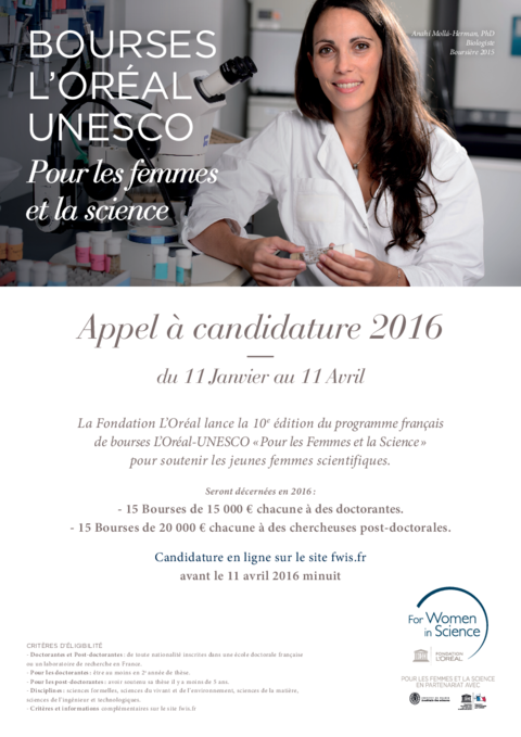 Affiche de l'appel à candidatures Fondation L'Oréal 2016